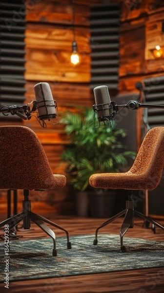 Obraz two microphones in a podcasting studio, ready for a recording session. The scene captures the essence of professional audio recording