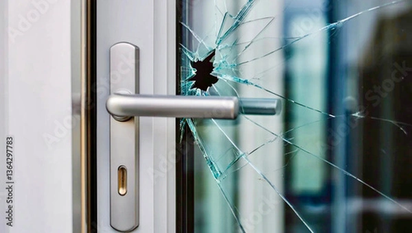 Fototapeta Front door with glass panel shattered as a result of attempted robbery	