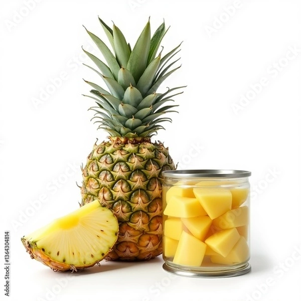 Obraz A full Pineapple with a slice and fresh chopped Pineapple slices in an open can isolated on white background