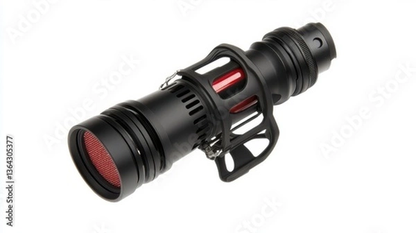 Fototapeta A black cylindrical device featuring a protective cage and red filter