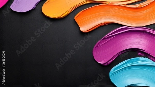 Fototapeta Expressive and dynamic abstract artwork featuring bold sweeping neon paint strokes in a vibrant palette of orange violet and aqua across a high contrast matte black canvas