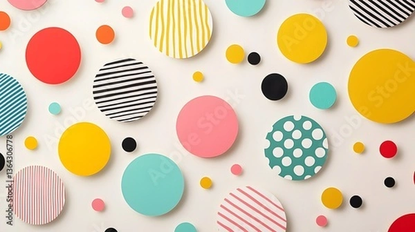 Fototapeta Visually striking abstract design featuring an array of playful geometric shapes including dots circles and stripes in a vibrant color palette on a soft pastel background