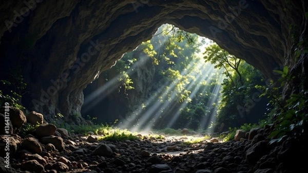 Obraz Sunlight Streaming Through Cave Opening Surrounded by Lush Greenery