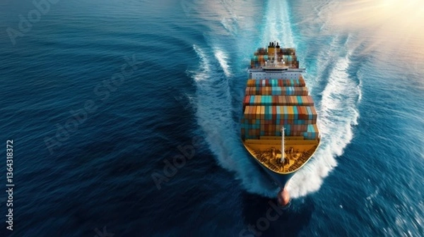 Fototapeta Aerial view of a massive container cargo ship speeding across the shimmering blue ocean waters at sunset  The ship is loaded with colorful freight containers