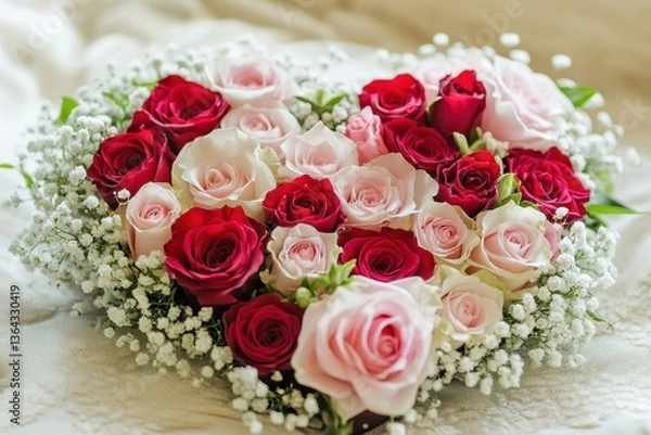 Fototapeta Red and pink roses with baby's breath form a heart shape bouquet. Use this image for Valentine's Day cards or wedding invitations.