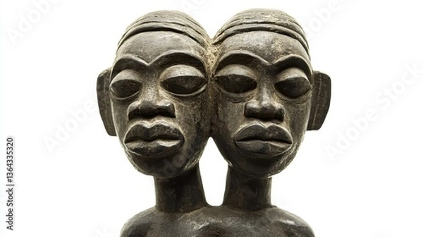 Fototapeta Two carved wooden figures appear together with connected heads and bodies