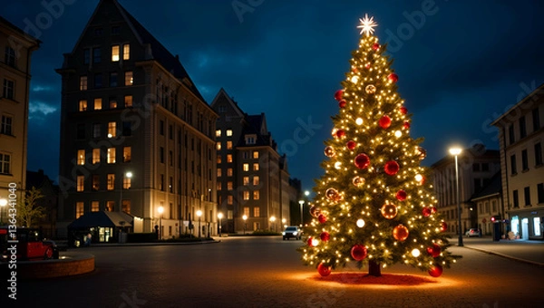 Fototapeta Festive Urban Charm: Christmas Tree Adorned with Lights and Ornaments Amidst Construction Site - A Unique Blend of Holiday Spirit and Urban Development in Photo Stock