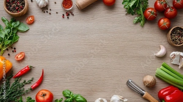 Fototapeta Fresh vegetables and spices frame a wooden background perfect for recipes or cooking content.