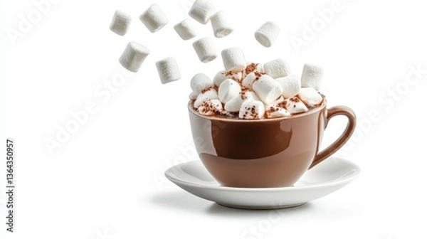 Fototapeta A brown cup filled with hot chocolate and marshmallows flying