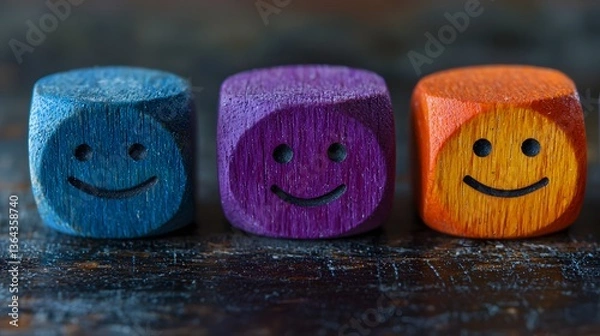Obraz Colorful Wooden Cubes with Smiley Faces for Creative Projects
