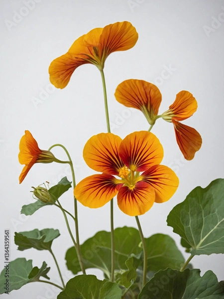 Fototapeta Nasturtium branch, showcasing a mix of fiery red, golden yellow, and deep orange blossoms.