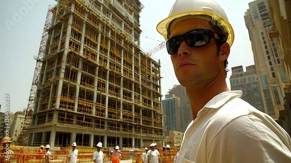 Obraz Construction Worker Overseeing Building Project in Urban Environment