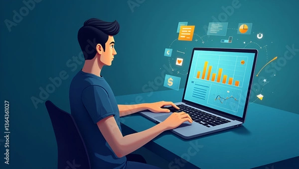 Fototapeta Flat Person using laptop analyzing digital advertising performance metrics and video ad campaign data symbolizing digital marketing analytics and customer engagement in empty space concept as Person a