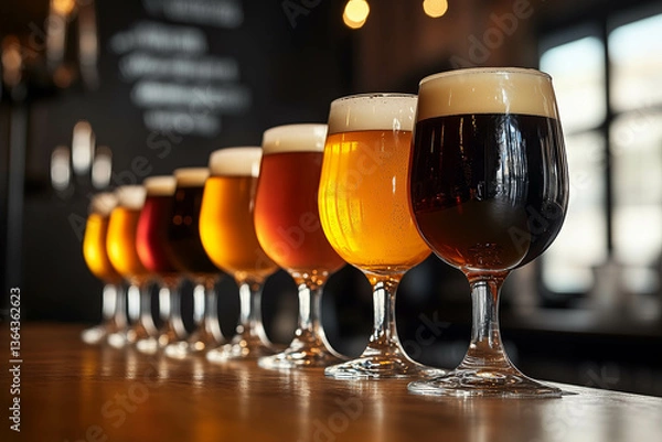 Fototapeta A row of beer glasses with different types and colors lined up on the bar counter