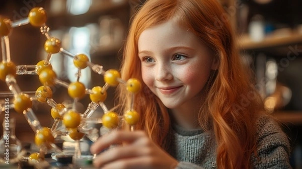 Obraz Young Girl Smiling While Examining Molecular Model in Science Lab