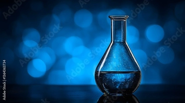 Obraz Glass Flask with Clear Liquid Against a Blue Bokeh Background