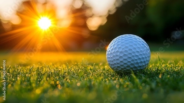 Obraz Golf Ball on Grass with Sunlight and Sunset Background