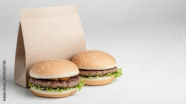 Fototapeta Two delicious burgers with lettuce and sesame buns accompanied by a paper bag, perfect for takeaway or delivery.
