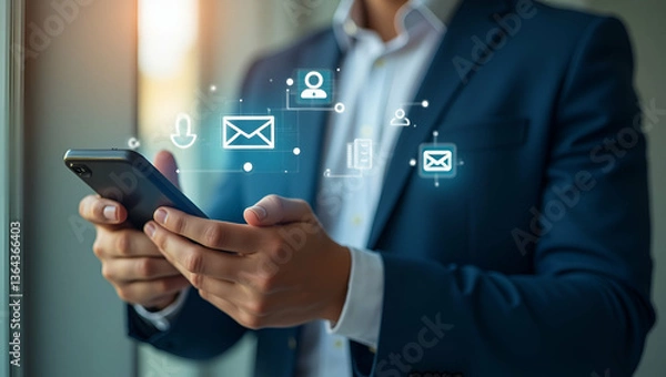 Fototapeta Enhancing Professional Relationships: Businessman with Smartphone Symbolizing Seamless Communication Tools