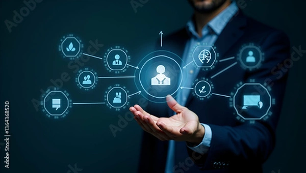 Obraz Exploring Holographic Digital Marketing Interfaces: Enhancing Customer Engagement Data Analytics and Targeted Advertising Strategies in Modern Marketing - Stock Photo Concept with Empty Space