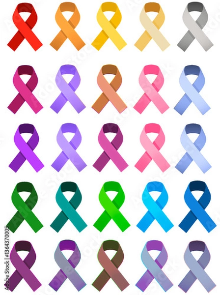 Obraz Awareness ribbons set in various colors isolated on white background. Different colors of awareness ribbons sign and symbol vector illustration. Crossed ribbons with simple style in colorful color. 