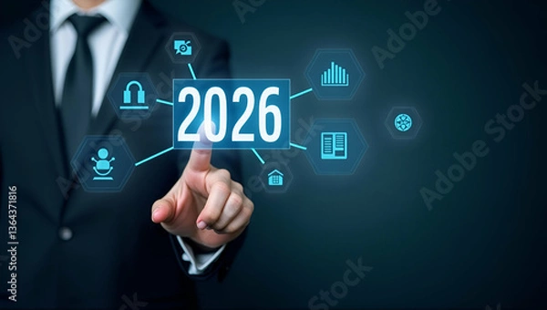 Fototapeta Flat Happy New Year 2026: Businessman Touching Virtual Screen to Set New Goals and Strategies for Future Growth in 2026 - Planning Opportunities for Success in the New Year