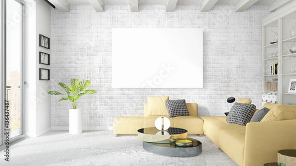 Fototapeta Modern bright interior with empty frame . 3D rendering