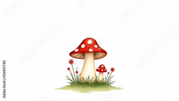 Fototapeta Flat Whimsical watercolor toadstool clipart isolated for enchanting forest and fairy garden themes adding magical and playful elements concept as Playful watercolor clipart of a whimsical toadstool pe