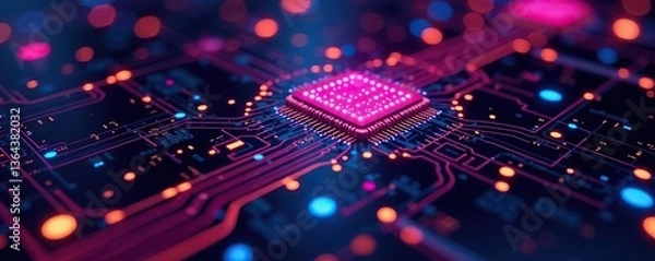 Fototapeta Colorful futuristic circuit board pattern with vibrant lights in a digital abstract background,  vibrant,  backdrop