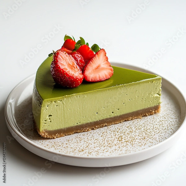 Obraz a matcha and strawberry mousse cake on a white plate, studio shot, white background