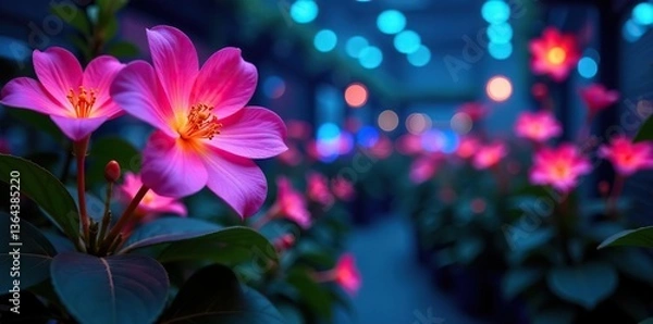 Obraz Close-up of vibrant bioluminescent flowers in a futuristic indoor garden,  colorful,  futuristic
