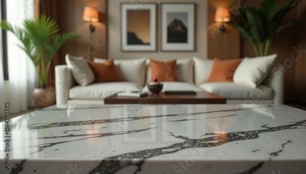 Obraz Close up of a luxurious marble table with a blurred living room background,  decor,  table
