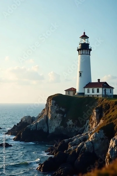 Fototapeta Close up of a short lighthouse on hill with calm ocean,  sky,  landscape