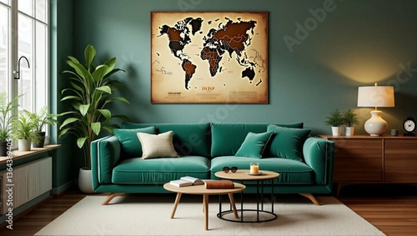 Fototapeta Stylish Living Room with Teal Sofa and World Map Artwork Accenting the Wall