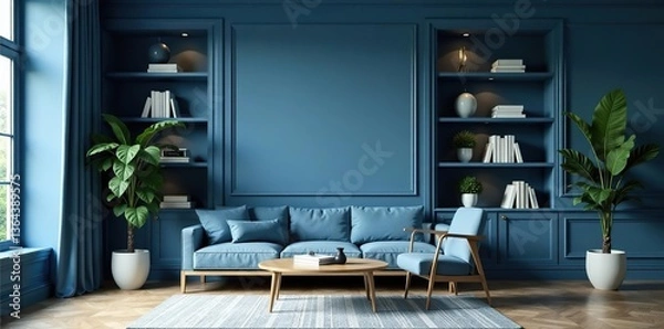 Obraz Close-up of beautiful blue modern home office wall shelving, creating a steady, composed, luxurious, and classic cozy interior living room backdrop for virtual meetings,  living room,  zoom background
