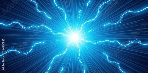 Fototapeta Comic style blue background with dynamic lightning power effects, featuring rays and halftone dots emanating from the center,  page layout,  halftone dots