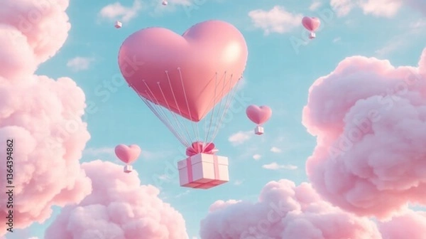 Fototapeta A Box flying on a parachute with pink cloud in valentine day,package flying down from sky and cloud with parachute, concept for delivery service,shopping online,air delivery service.