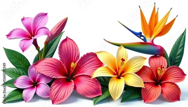 Fototapeta Colorful collection of rare tropical flowers including orchids, bird of paradise, and hibiscus isolated on white background,  bird of paradise,  exotic