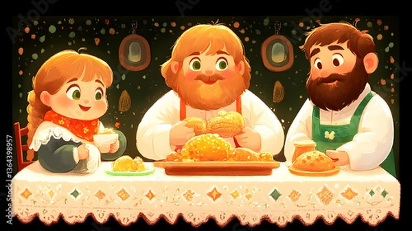 Fototapeta A heartwarming family gathers for a cozy evening meal, sharing freshly baked bread and sweet honey, illuminated by soft, warm light in a whimsical, illustrated style.