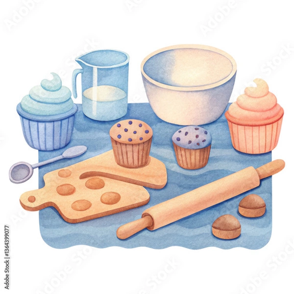 Fototapeta Children's Dreams Concept, A playful assortment of cupcakes, cookies, and cooking tools in a vibrant, scattered layout.