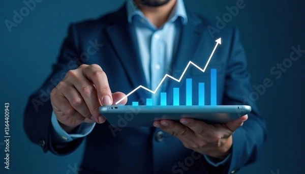 Fototapeta Businessman analyzing financial data and growth graph for strategic planning and investment progress on blue background,  businessman,  growth