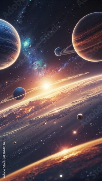 Fototapeta A luminously futuristic cosmic vista unfolds before the viewer: several planets shimmering in vivid hues, a colossal star radiating warm light, and glittering asteroids suspended in the void.