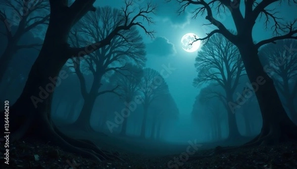 Obraz Eerie mist hovering over a dark, spooky forest with gnarled trees and twisted branches, illuminated by a full moon,  eerie,  mist