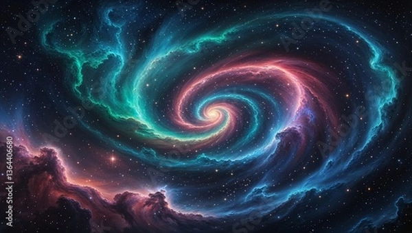 Obraz A mesmerizing vortex of swirling energy in the depths of outer space, casting an ominous light that distorts the fabric of reality. This cosmic phenomenon, known as a wormhole