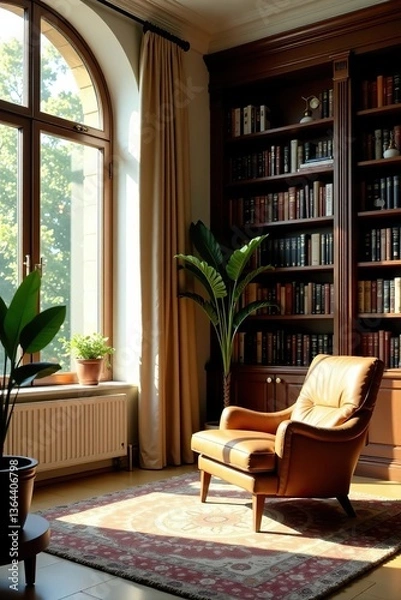 Obraz Elegant and sunlit home library with cozy atmosphere, filled with books and featuring a large window with a view Perfect background for virtual meetings and Zoom calls,  Books,  Empty Room