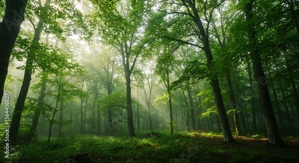 Fototapeta 緑深く静かな森、朝霧が輝く神秘的な光