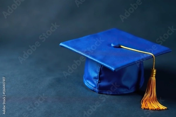Obraz Elegant blue graduation cap with gold tassel on textured fabric background,  fabric,  achievement