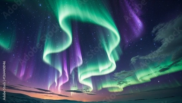 Fototapeta In the mesmerizing scene, swirling ribbons of vibrant green and purple Northern Lights dance across a vast cosmic expanse, framed by a backdrop of twinkling stars and distant galaxies. 