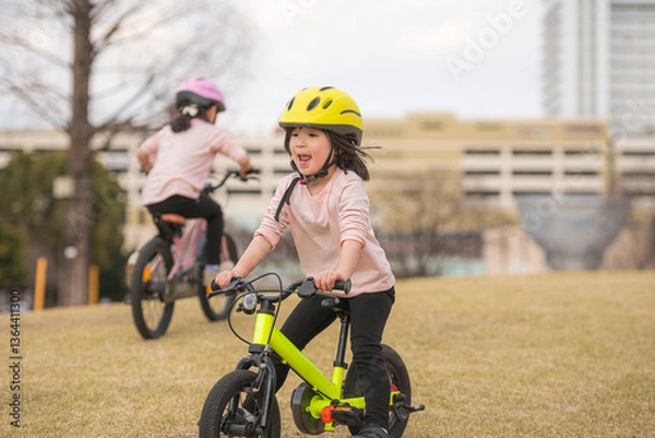 Obraz 公園で自転車に乗って遊ぶ姉妹