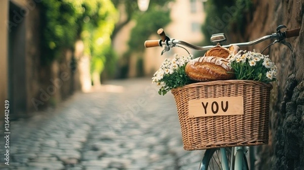 Obraz Cobblestone Path Bicycle Basket: Bread, Blooms, and a "YOU" Message.